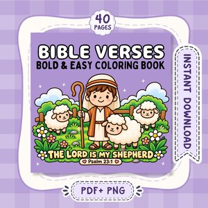 May include: A 40-page Bible Verses Bold & Easy Coloring Book featuring a cartoon shepherd holding a wooden staff, surrounded by three fluffy white sheep in a green meadow with flowers. The text reads The Lord Is My Shepherd Psalm 23:1.
