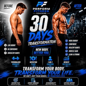 May include: A fitness transformation graphic featuring a before and after comparison of a shirtless individual. Text includes PERFORM FITNESS COACHING, 30 DAYS TRANSFORMATION, NEW BODY. BETTER YOU., TRANSFORM YOUR BODY. TRANSFORM YOUR LIFE., and various service icons.