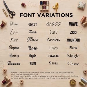 a variety of font names arranged on a wooden background, along with sewing and crafting supplies such as scissors, spools of thread, and spools of yarn.