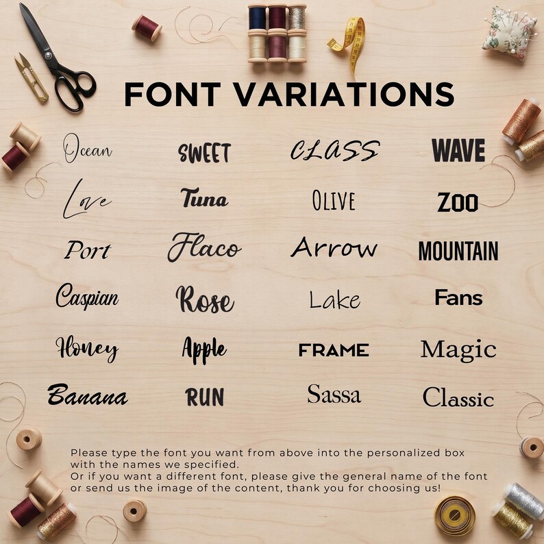 a variety of font names arranged on a wooden background, along with sewing and crafting supplies such as scissors, spools of thread, and spools of yarn.