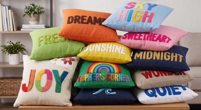 A collection of colorful throw pillows with various words and phrases printed on them, arranged on a wooden surface.