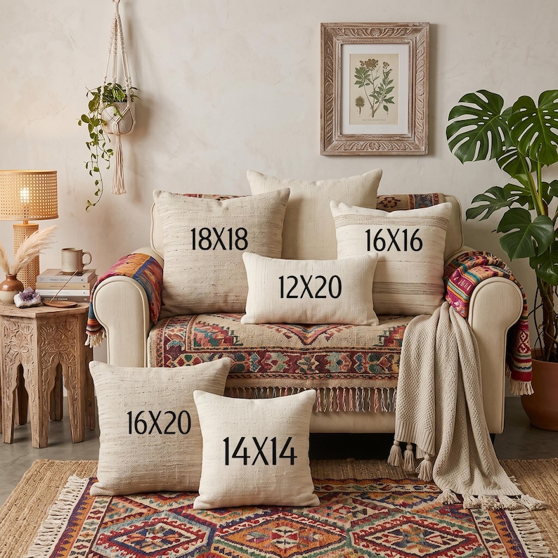 a living room with a couch, a rug, and various decorative elements such as a potted plant, a picture frame, and a lamp. The couch is adorned with several throw pillows, each with a different size and shape, arranged in a way that creates a visually appealing display.