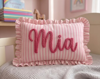 Custom Embroidered Monogram Striped Ruffled Punch Needle Throw Pillow, Personalized Gift