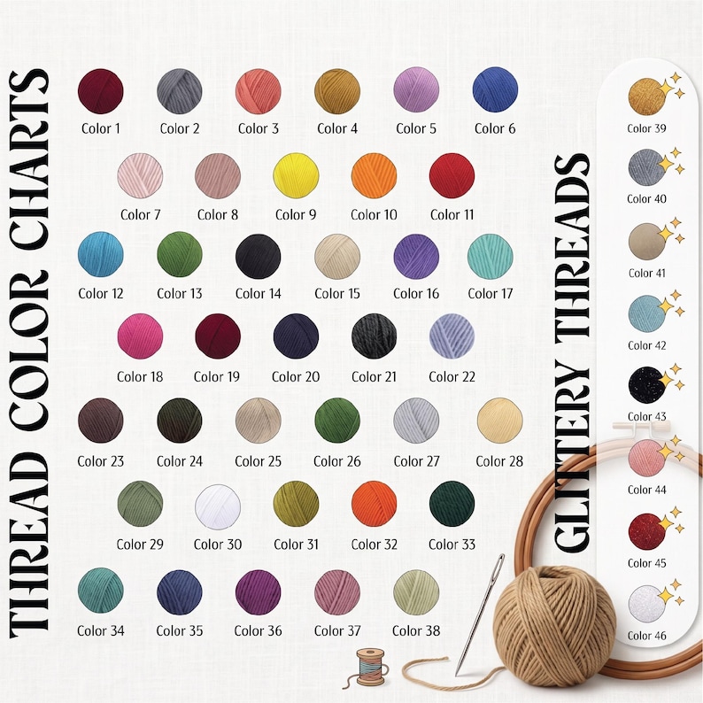 The image is a color chart displaying various yarn colors and their corresponding thread colors, along with a spool of thread and a needle.