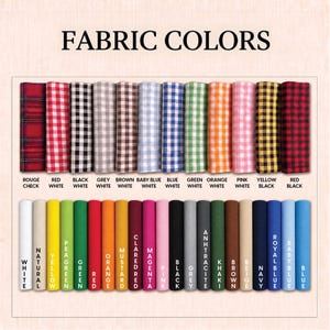 a collection of fabric swatches in various colors, including red, black, white, green, orange, pink, yellow, black, and blue.