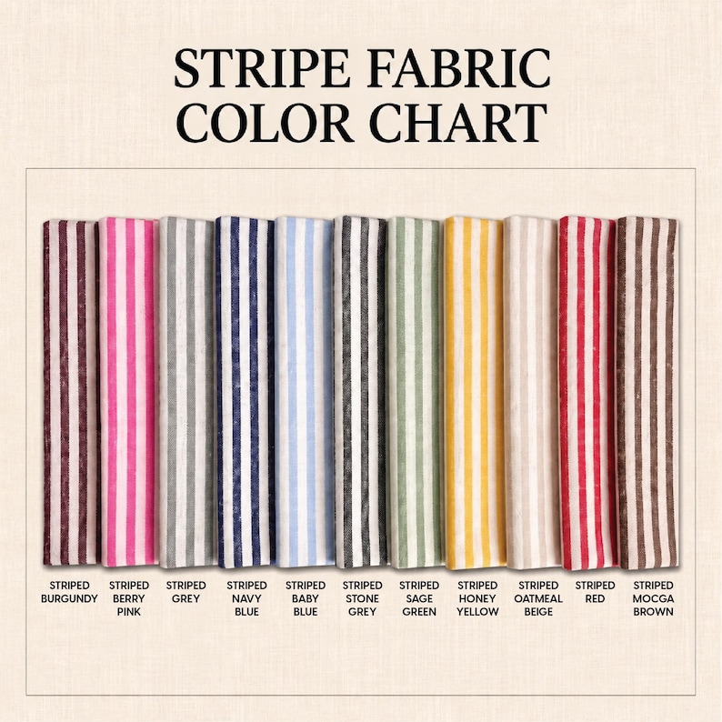 a color chart of various striped fabric swatches, each with a different color and pattern.