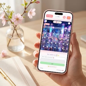 Puede incluir: Un teléfono inteligente rosa que muestra una aplicación de calendario con un fondo de paisaje urbano. La pantalla muestra una interfaz de lista de tareas con opciones para agregar tareas. Un jarrón con flores rosas y un bolígrafo están en el fondo.