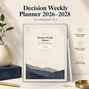 May include: A digital Decision Weekly Planner 2026-2028 for reMarkable 1 and 2 tablets. The screen displays a beige background with dark blue mountain illustrations, text reading Decision Weekly Planner, and a button labeled Open Home Hub.