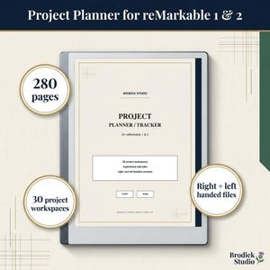 May include: A digital project planner for reMarkable 1 and 2 tablets, featuring 280 pages, 30 project workspaces, and hyperlinked side tabs. The interface includes right and left-handed versions, with start and home buttons on a cream-colored screen.