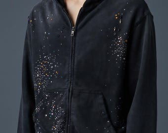 Sudadera con capucha de estilo oscuro con pedrería, para hombre, con cremallera y diseño de estrella de cristal, extragrande, estilo Y2K.