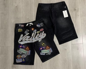Pantalones cortos vaqueros negros con parches · Vaqueros holgados estilo Y2K · Estilo streetwear con estampado · Parte inferior estilo skater hip hop