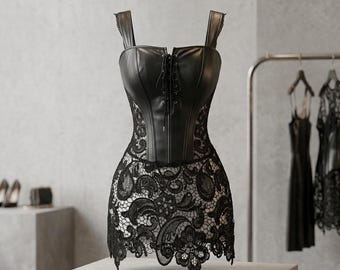 Lencería gótica: corsé de encaje negro, bustier de piel sintética, estética oscura, minivestido alternativo.