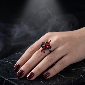 Red Star Ring Gothic Enamel · Adjustable Gunmetal Band · Y2K Celestial Jewelry · Alt Accessory
