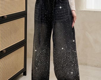 Pantalones vaqueros negros de pierna ancha con pedrería · Vaqueros con brillo de cristal · Pantalones estilo años 20 · Pantalones de estilo urbano