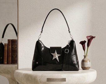 Bolso de mano Star de piel negra · Bolso de hombro de metal plateado Y2K · Bolso gótico chic · Bolso bandolera rockero