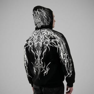 Gotycki sweter z kapturem unisex, czarny, z jasnobiałym nadrukiem graficznym, luźny krój Y2K