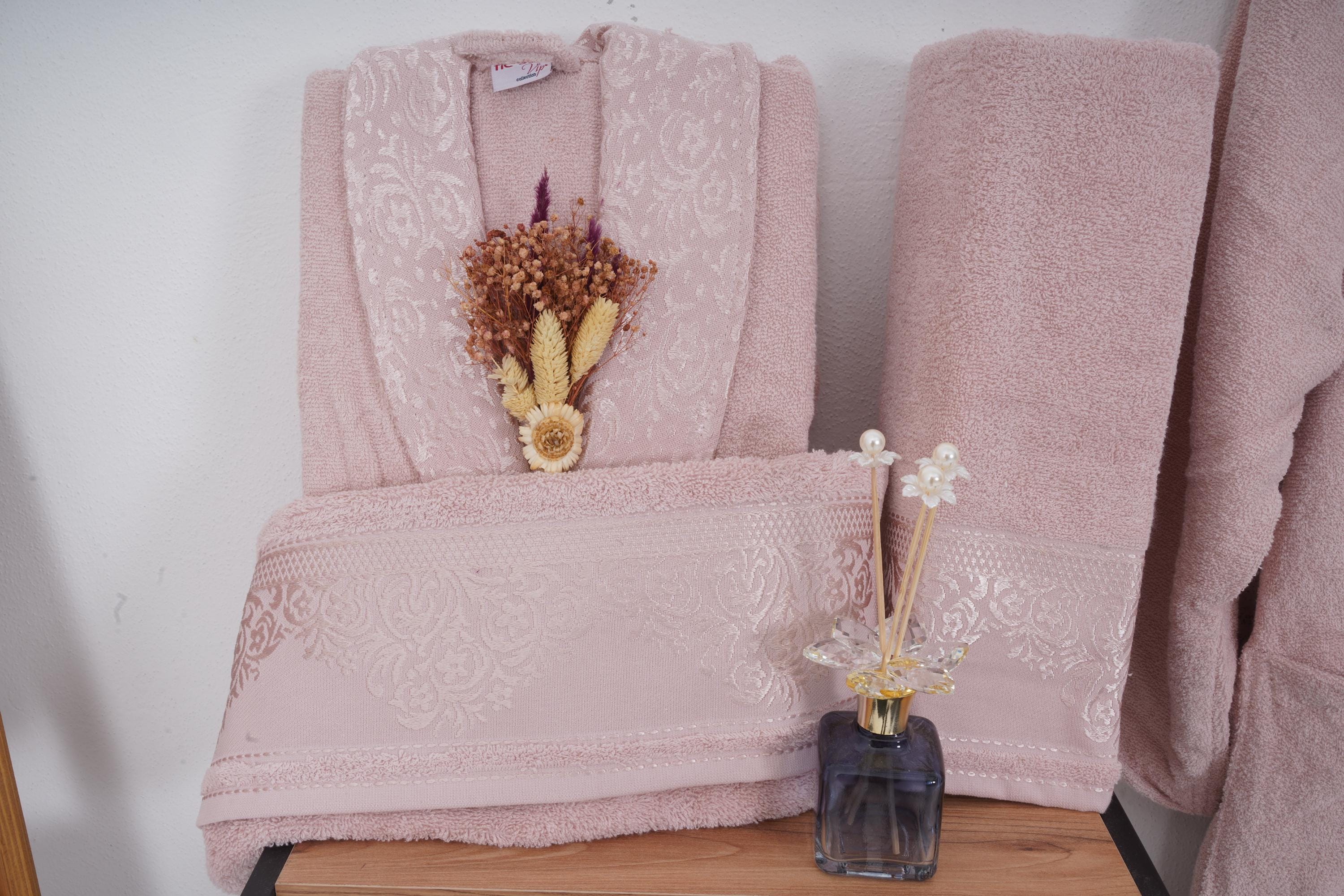 Blush Pink 100% Cotton Turkish Bathrobe & Towel Set, 3 Piece Luxury Bridal Shower Gift Set with Jacquard Detail, Soft Absorbent Spa Robe