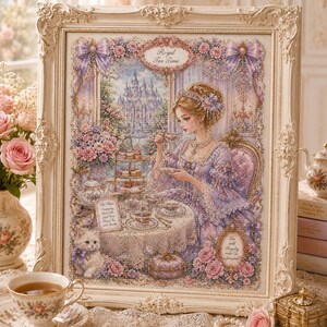 May include: A framed cross-stitch artwork depicting a woman at a tea party. The artwork features a woman in a purple dress, a table set with tea and pastries, and a castle in the background. The frame is ornate and cream-colored.