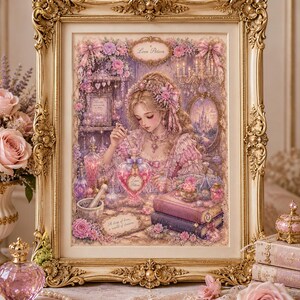 May include: A framed artwork with a gold ornate frame. The artwork depicts a woman in a pink dress, surrounded by flowers and potion bottles. The words "Love Potion" are visible. The overall theme is romantic and whimsical.