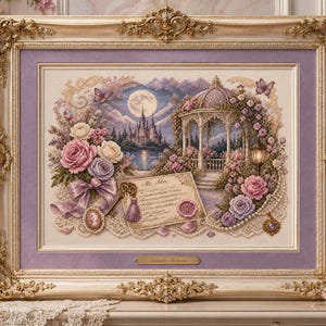 Può includere: Un ricamo a punto croce incorniciato raffigurante un castello al chiaro di luna, un gazebo e rose rigogliose nei toni del rosa e della lavanda. La composizione include una lettera manoscritta, una chiave vintage e un cammeo in una cornice dorata.