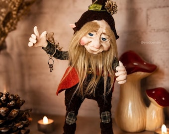 Duende Articulado de Porcelana Fría- Escultura de fantasía Hecho a Mano, 33 cm (Art Doll de Colección)