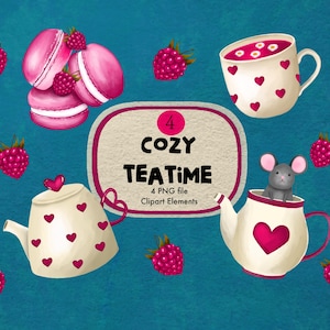 May include: A digital illustration featuring pink macarons, raspberries, two cream-colored teapots with red hearts, and a teacup with a mouse. A central label displays the text 4 COZY TEATIME 4 PNG file Clipart Elements on a textured background.