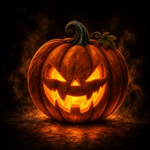 May include: A carved orange pumpkin jack-o'-lantern with a glowing interior, featuring triangular eyes and a jagged, toothy grin. The pumpkin has a dark, textured stem with a single green leaf attached, surrounded by swirling orange smoke.