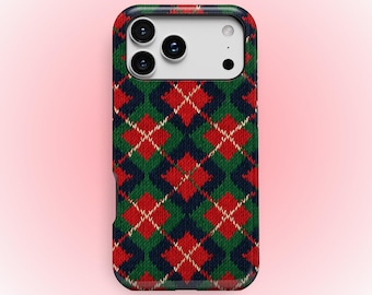 Christmas Sweater iPhone Case, Red Green Knit Argyle for 13-18 Pro Max, Tough MagSafe