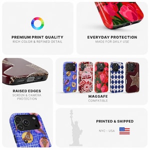 Puede incluir: Una colecci&oacute;n de cinco fundas para smartphone con varios dise&ntilde;os, incluyendo un patr&oacute;n de piscina azul, un collage rojo, tulipanes rosas, un patr&oacute;n de diamantes azules y una estrella marr&oacute;n. Las fundas tienen bordes elevados.