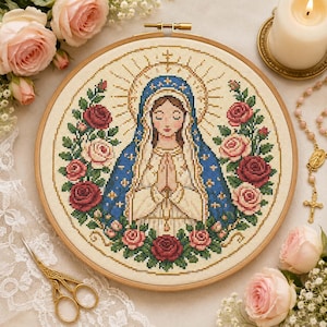 Korsstygnsmönster för Jungfru Marias ros • Botanisk blommig ros Religiöst broderi PDF