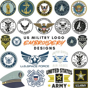 Peut inclure: Une collection de motifs de broderie des forces armées des États-Unis comprenant divers logos de branches, dont l'armée, la marine, l'armée de l'air, la force spatiale et les garde-côtes, avec le texte US MILITRY LOGO EMBROIDERY DESIGNS au centre.