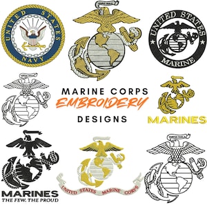 May include: A collection of Marine Corps embroidery designs. The designs feature the Marine Corps emblem, an eagle, globe, and anchor, in various styles and colors, including gold, black, and white. The text "Marine Corps Embroidery Designs" is also present.