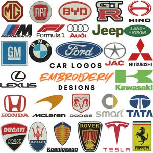 Può includere: Una collezione di loghi di marchi automobilistici ricamati tra cui MG, Fiat, BYD, GT-R, Hino, BMW, Ford, Jeep, Land Rover, Mitsubishi, Lexus, Kawasaki, Honda, McLaren, Dodge, Smart, Tata, Ducati, Maserati, Koenigsegg, Rover, Tesla e Ferrari.