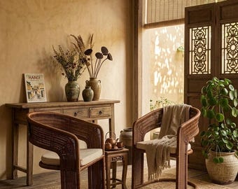 Set of 2 Rattan Cantilever Dining Chairs: Handwoven Wicker, Mid-Century Modern Armchair