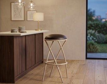 Industriële moderne barkruk: handgemaakt ijzeren frame, leren zitting, toonbankstoel