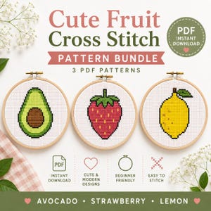 Cute Fruit Cross Stitch Pattern Bundle | Avocado, Strawberry & Lemon PDF Pattern Set | Modern Fruit Embroidery | Instant Download
