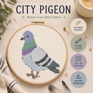 Patrón de punto de cruz de paloma urbana en PDF | Punto de cruz de aves moderno | Patrón de paloma fácil | Diseño de bordado para principiantes | Descarga instantánea