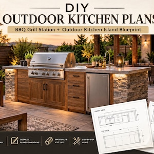 May include: DIY outdoor kitchen plans featuring a BBQ grill station and kitchen island blueprint. The document includes a front view, side view, and top view with dimensions, plus an instant PDF download, materials list, and step-by-step guide.