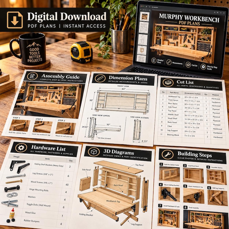 Work Table Wall Guide Rails Murphy_workbench_plans, Wall Mounted Folding Work Table Blueprint, DIY ...
