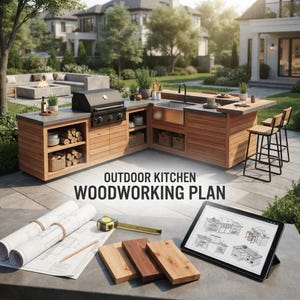 May include: An outdoor kitchen woodworking plan featuring a L-shaped wooden island with a grill, sink, and storage shelves. The foreground displays rolled blueprints, a yellow measuring tape, three wood planks, and a tablet showing design sketches.