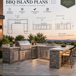 May include: L-Shaped BBQ Island Plans for an outdoor kitchen. The document includes detailed drawings, a materials list, and step-by-step guides. Diagrams show a 366 cm by 244 cm layout with front and side elevations. The design features a stone base.