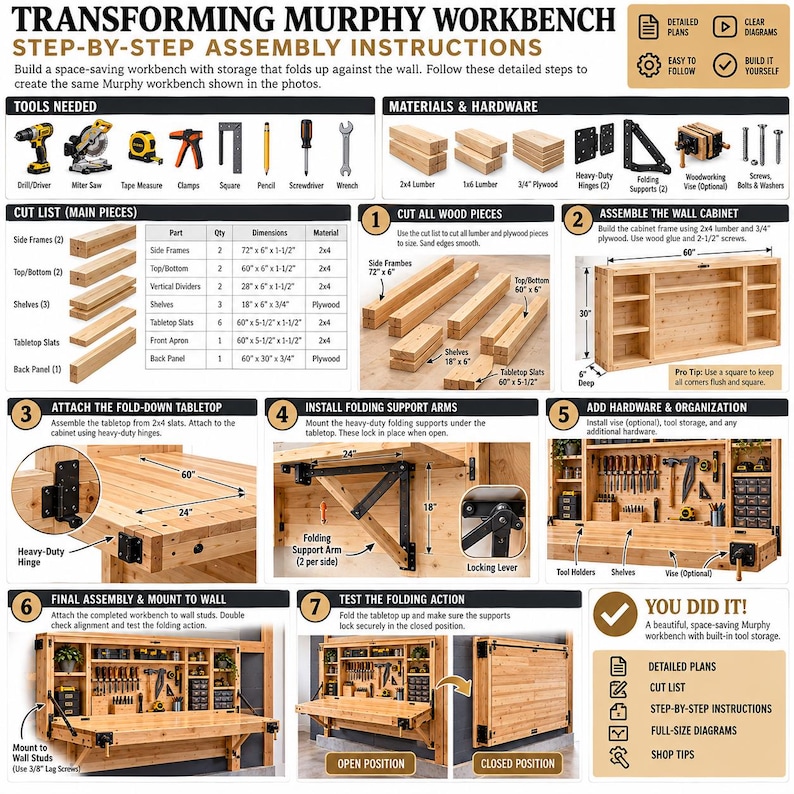 Work Table Wall Guide Rails Murphy_workbench_plans, Wall Mounted Folding Work Table Blueprint, DIY ...