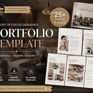 Plantilla editable de portafolio de diseño de interiores en Canva. Presentación de portafolio de diseño de interiores. Portafolio de arquitectura. Descarga digital en PDF.