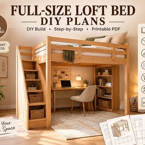 Puede incluir: Planos de bricolaje para litera de tamaño completo en descarga digital, con estructura de madera, escaleras integradas, escritorio y estanterías. Incluye instrucciones paso a paso, diagramas 3D, medidas, lista de corte y lista de materiales.