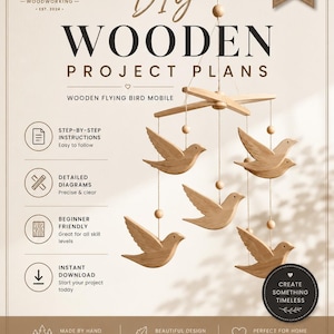 Puede incluir: Un folleto digital para planes de proyectos de madera DIY con un móvil de pájaros de madera con cinco aves talladas suspendidas de una barra transversal. El texto incluye Xienesa Woodworking y DIY Wooden Project Plans.
