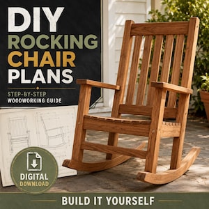 Op de afbeelding: Een digitale downloadgids getiteld DIY ROCKING CHAIR PLANS STEP-BY-STEP WOODWORKING GUIDE met een bruine houten schommelstoel met een lattenrugleuning en zitting, naast technische lijntekeningen van het stoelontwerp op papier.