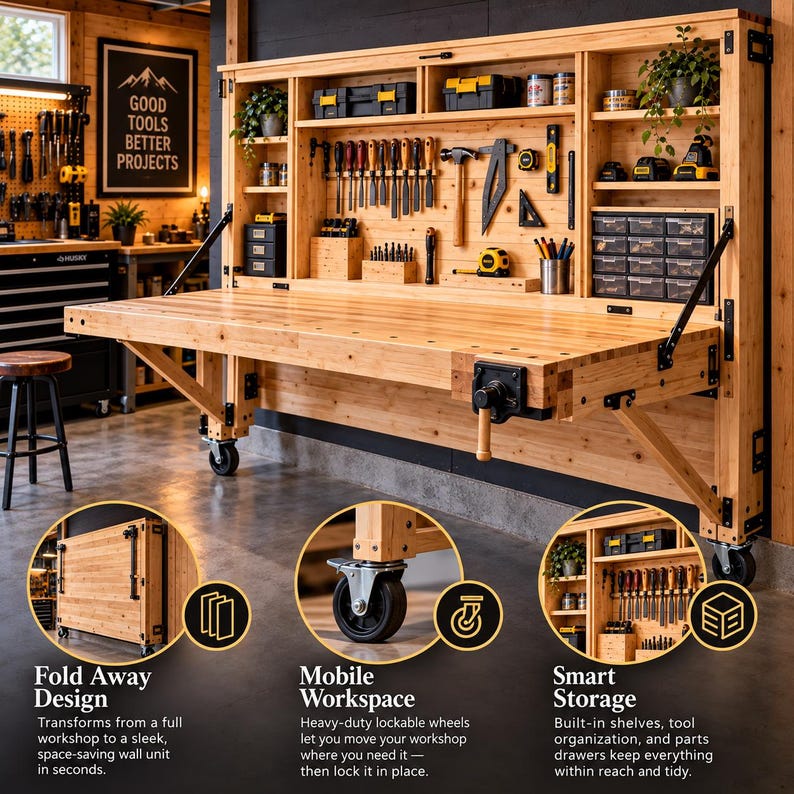 Work Table Wall Guide Rails Murphy_workbench_plans, Wall Mounted Folding Work Table Blueprint, DIY ...