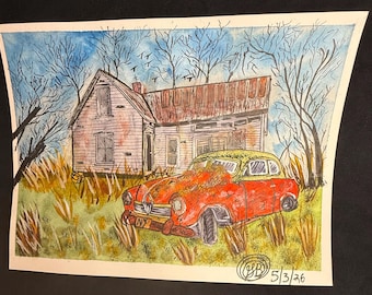 Ein altes Haus mit einem alten Oldtimer, der nicht funktioniert