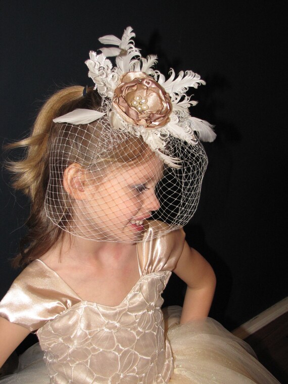 Vintage Flower Girl Headpiece Feather Flower Girl Headpiece Flower Girl Lace And Burlap Head Band Champagne Flower Headpiece