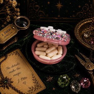 Op de afbeelding: Een ronde, doorschijnende roze pillendoos met een scharnierend deksel versierd met iriserende strass-steentjes en witte kralen. De open houder is gevuld met diverse witte, cilindrische capsules. Het doosje staat op een donkergroene fluwelen ondergrond.